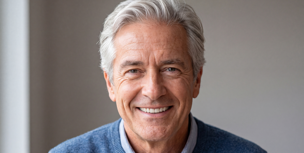 Un homme souriant aux cheveux gris